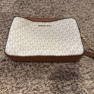 Michael Kors White and Brown MK Signature Crossbody Bag